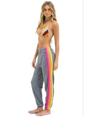 SOLD OUT Aviator Nation 5 STRIPE SWEATPANTS - HEATHER GREY // NEON Small